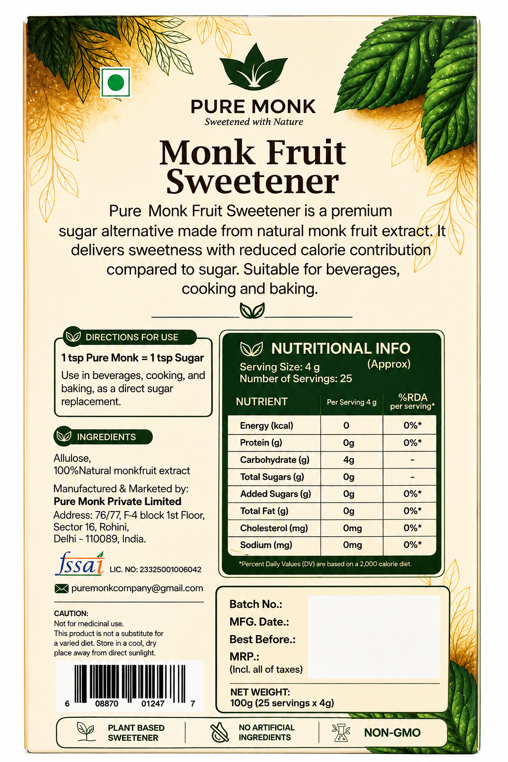 Pure Monk Fruit Sweetener 100g | No Erythritol