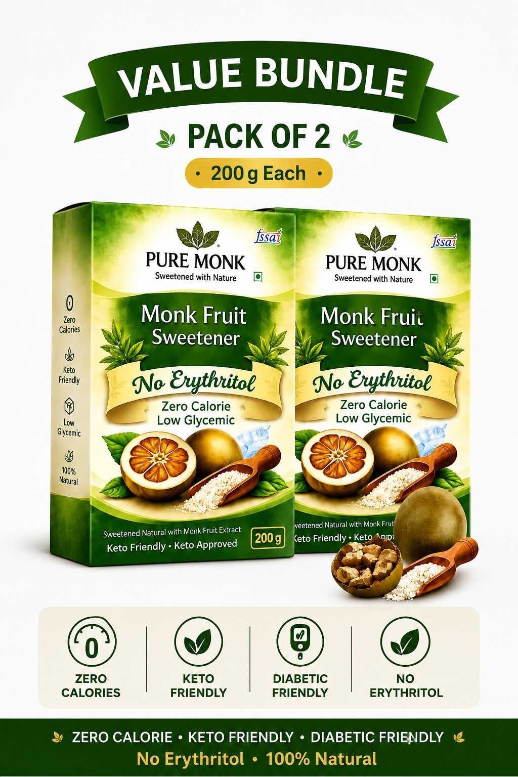 Pure Monk Monk Fruit Sweetener Bundle Pack (2 x 200g) | 400g Total | No Erythritol
