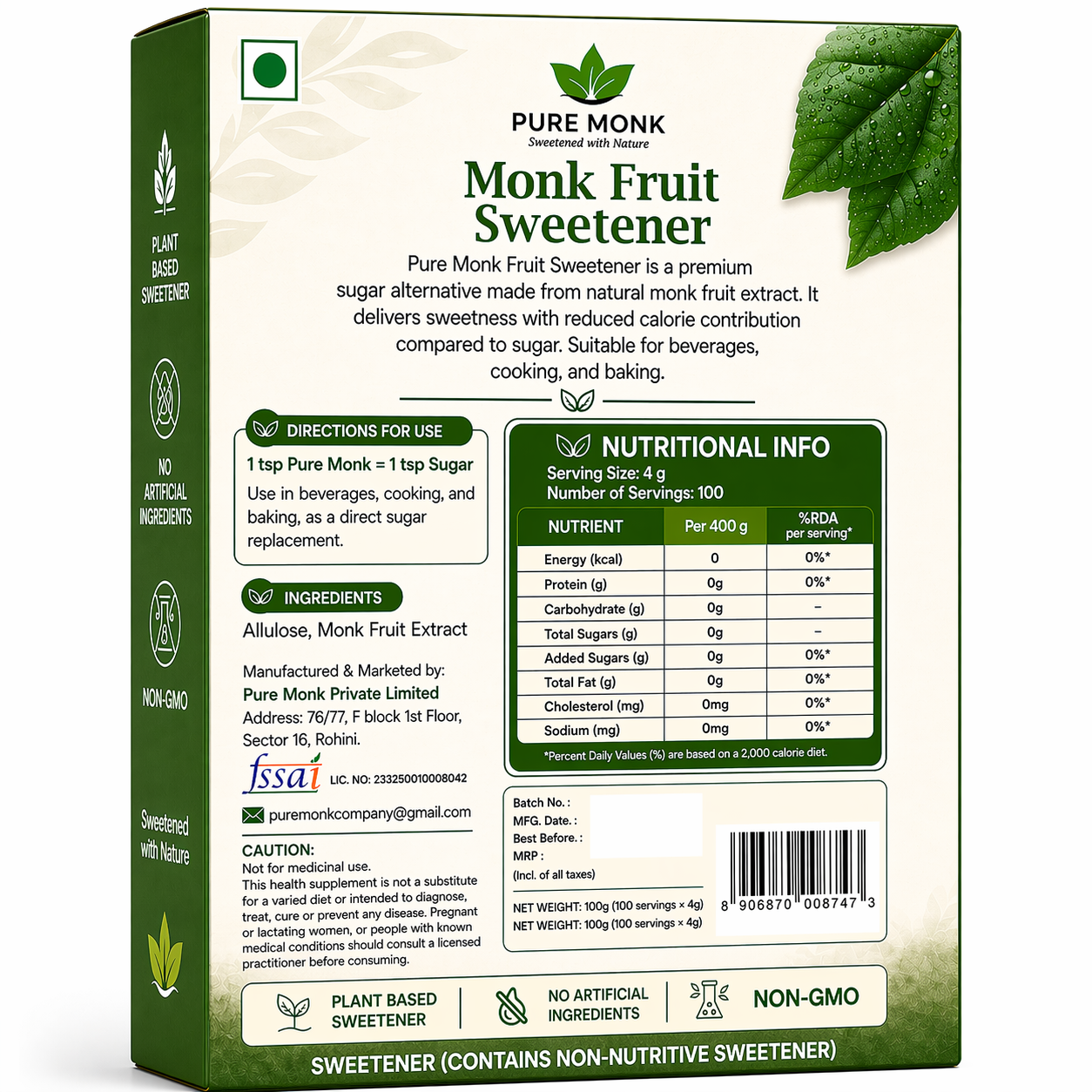 MONK FRUIT SWEETENER 400 GM | Family Pack (Best Value)