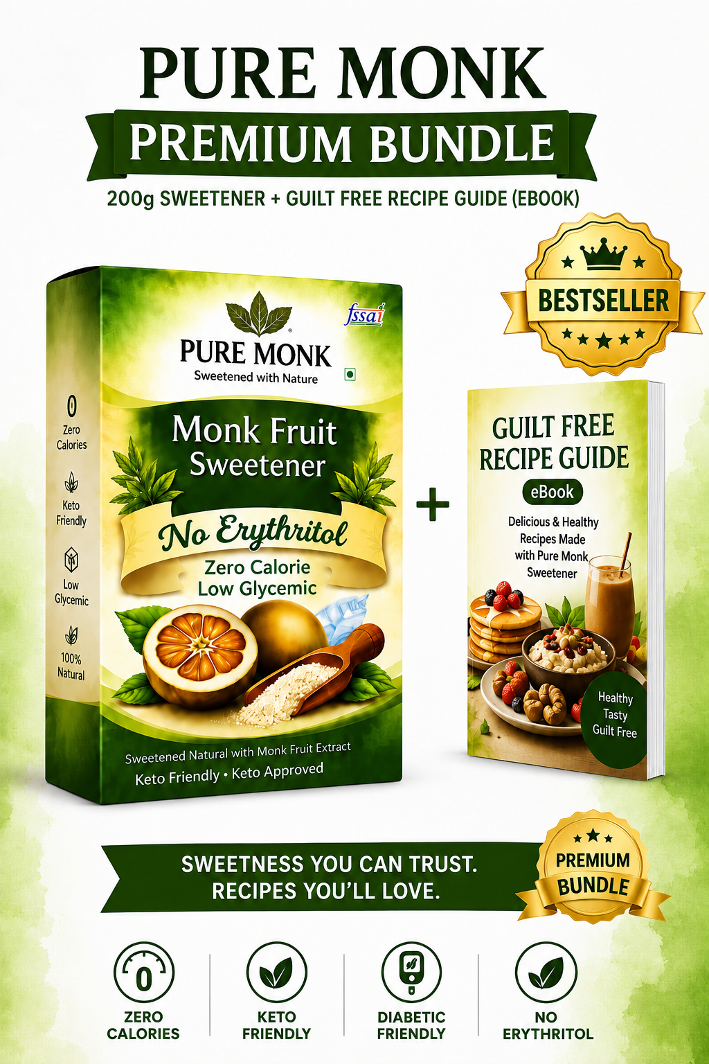 Pure Monk Monk Fruit Sweetener 200g | No Erythritol + Guilt Free Recipe Guide (eBook)